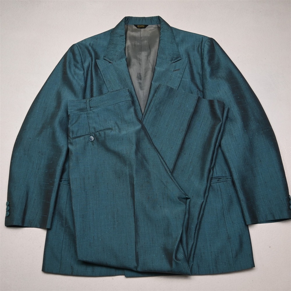 Vtg USA Made Double Breasted 40S 30x32 Teal Blue Iradescent Jacket Pants Suit